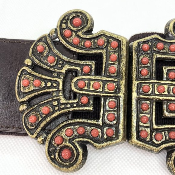 Vintage 90s Y2K Another Line Brown Faux Coral Cluster Elastic Stretch Belt 30" - Picture 6 of 7